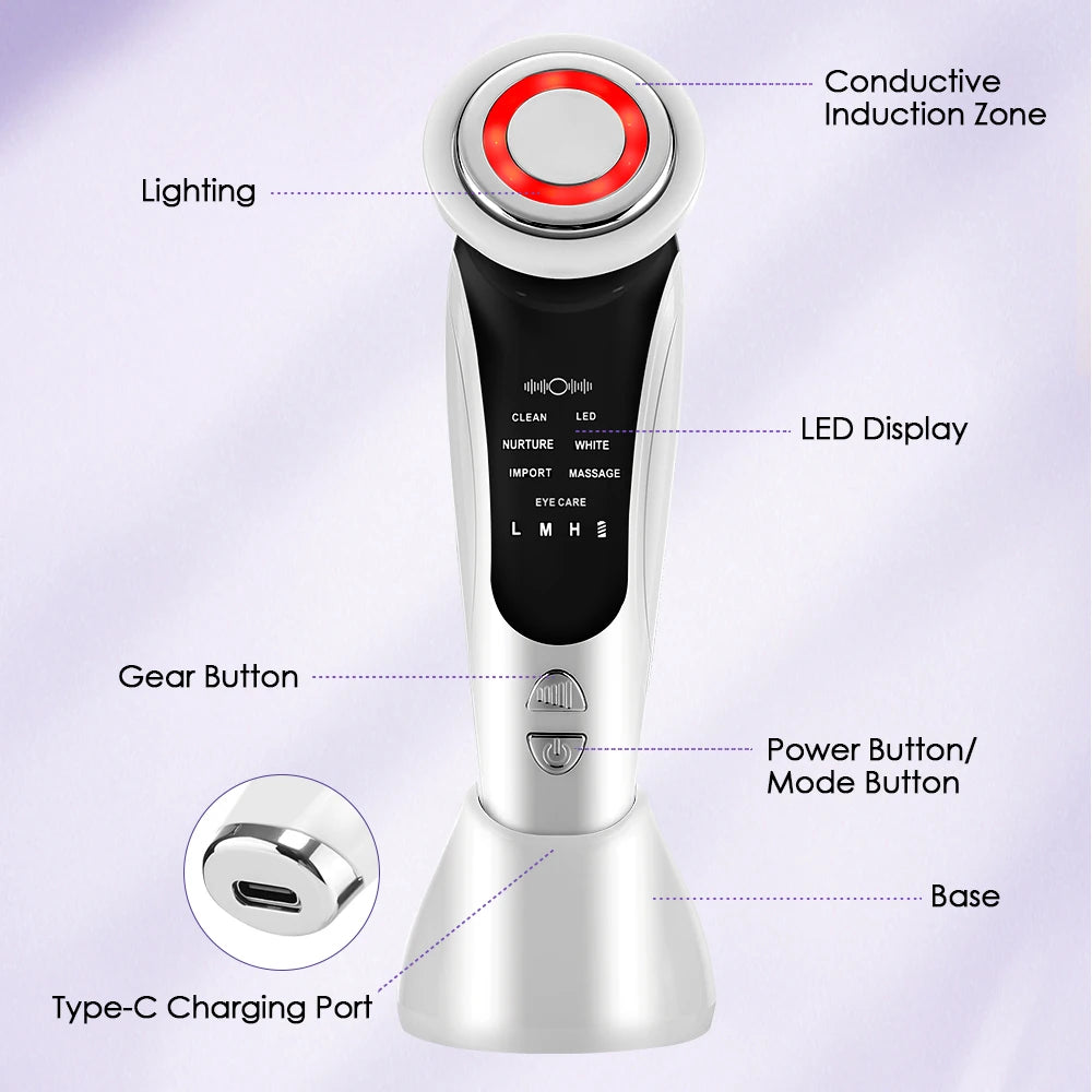 7 in 1 EMS Facial Massager with LED Light Vibration Hot Compress Skin Care Face Beauty Instrument Lifting Device Skincare